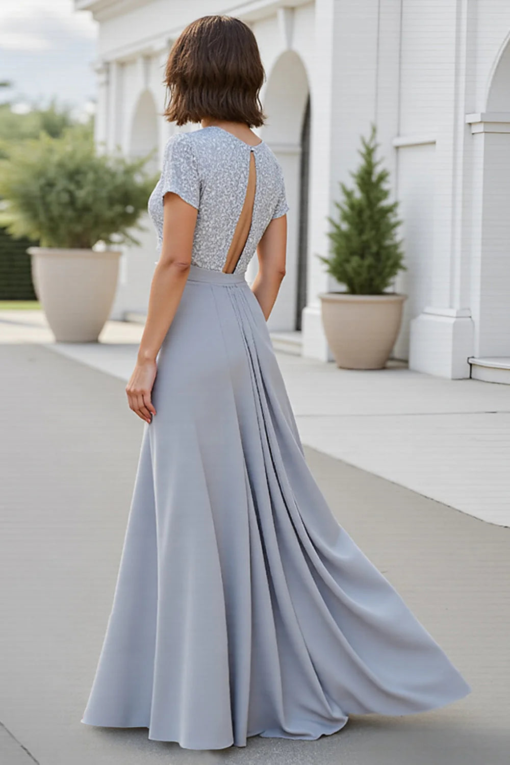Silver Chiffon V-Neck Long Mother of the Bride Dress with Short Sleeves